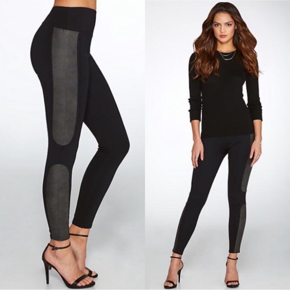 Spanx Panel Faux Leather Ponte Leggings LARGE Black Activewear Athleisure Pants